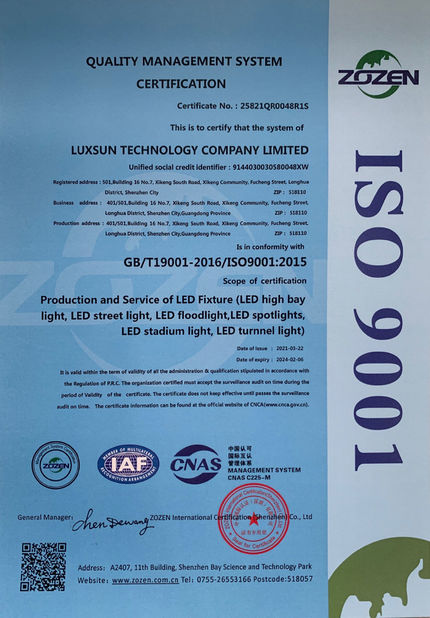 China Luxsun lighting Co.,Ltd certification
