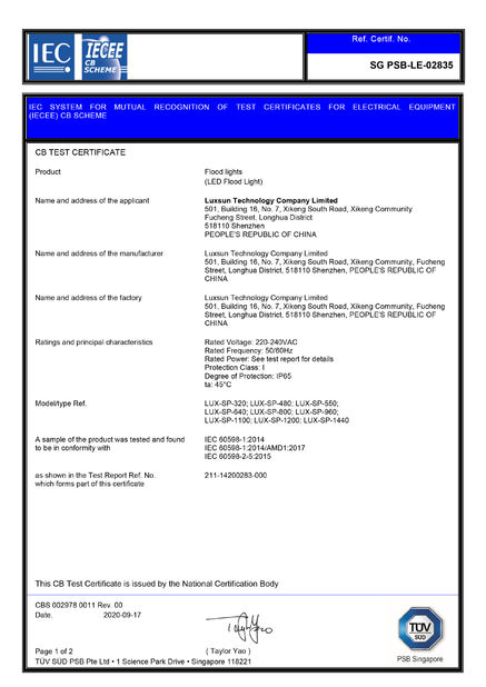China Luxsun lighting Co.,Ltd certification