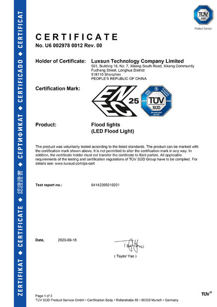 China Luxsun lighting Co.,Ltd certification
