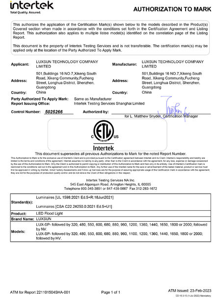 China Luxsun lighting Co.,Ltd certification
