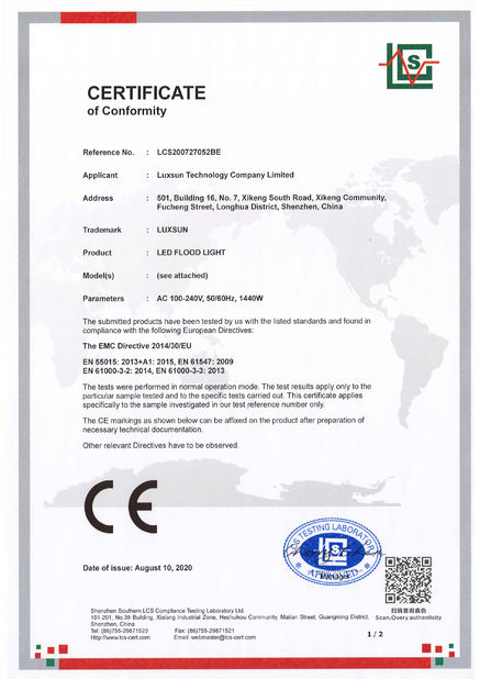 China Luxsun lighting Co.,Ltd certification